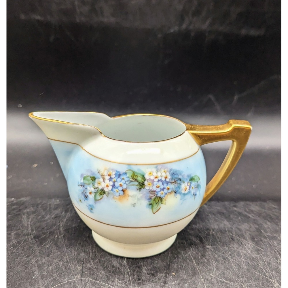 Antique German Porcelain Hand Painted Blue Creamer Bavaria 3" Flower Floral